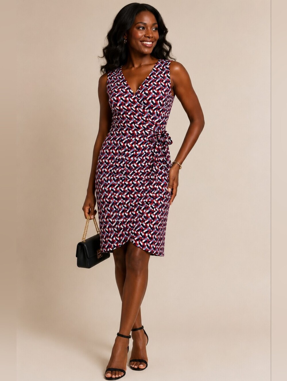 Banana Republic Wrap Dress PM Petite Medium Red Blue Geometric Print Sleeveless